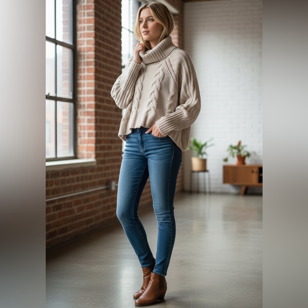 Cozy Cable Knit Cropped Turtleneck Sweater - Light Taupe